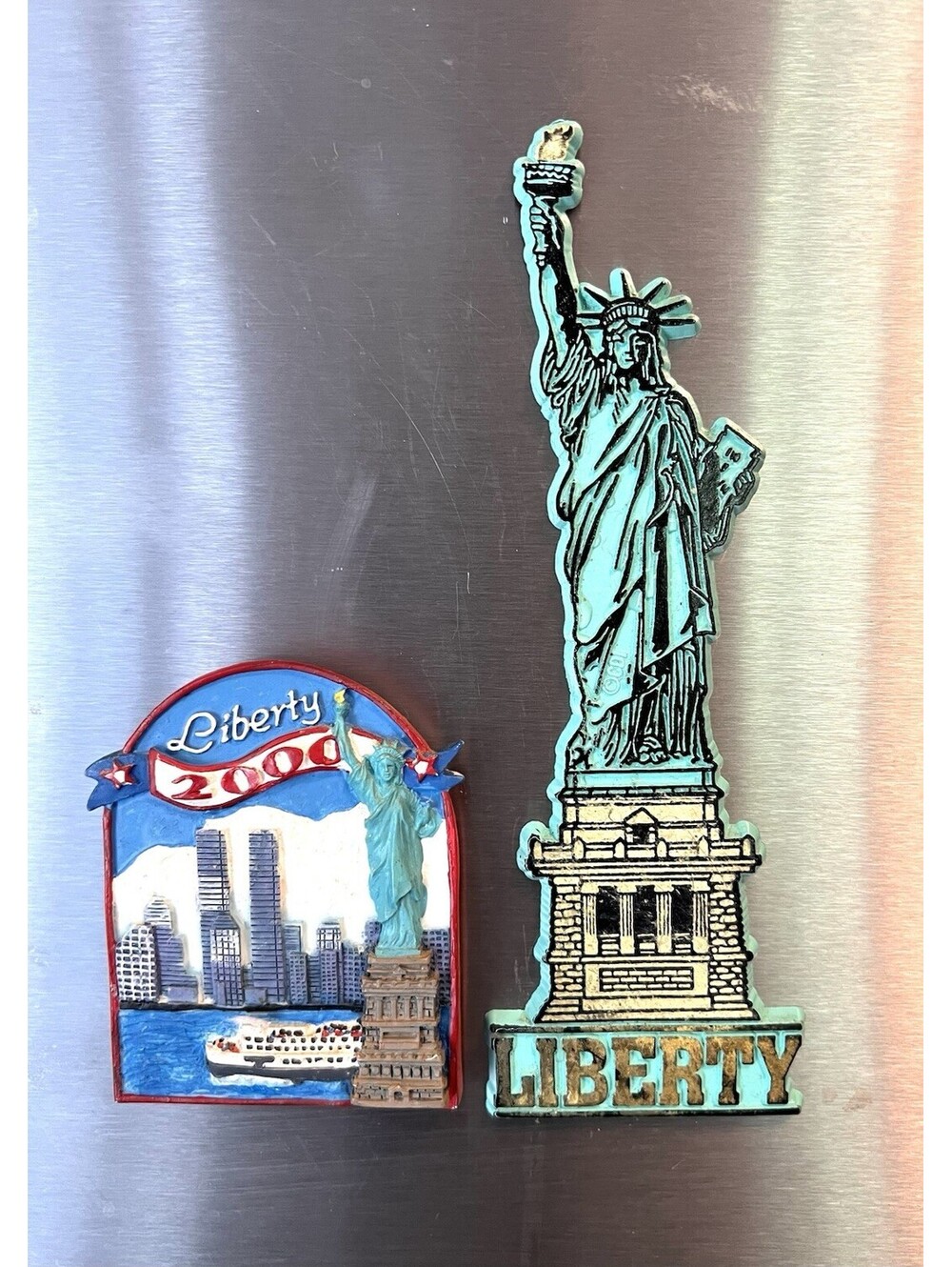 Vtg New York City STATUE OF LIBERTY Jumbo Magnet & 3D 2000 Pre-9/11 Twin Towers